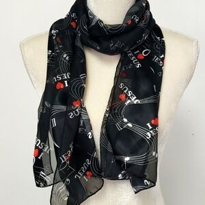 SCARF I ❤ (love) Jesus With Musical Design Black White & Red 60"x13 1/4